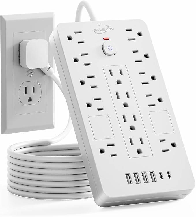 JouleLoom Surge Protector Power Strip-14 Outlets and 6 USB Ports, 15 Feet Flat Plug Extension Cord, 1850 Joules, White, ETL Listed for Home, Office, Dorm Room
