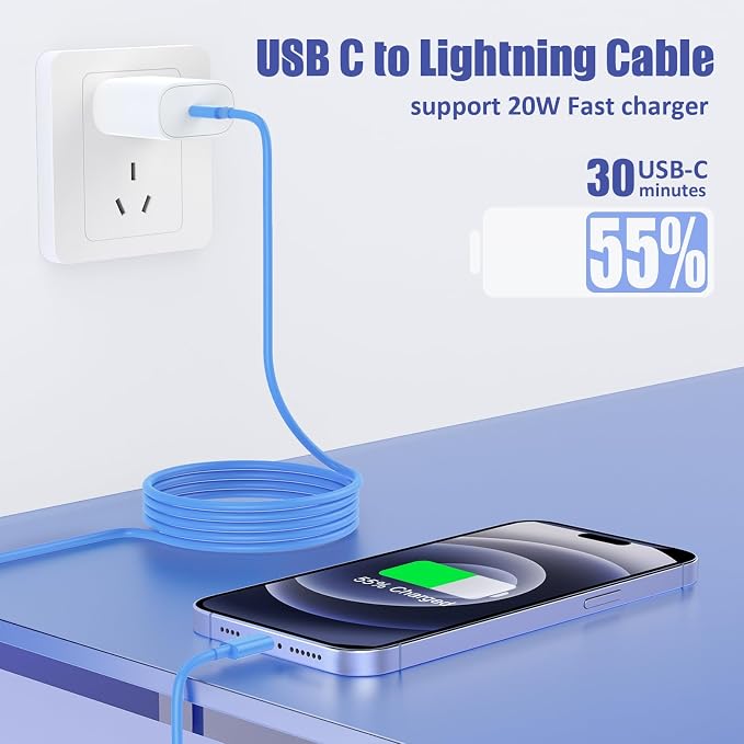 4Pack USB C to Lightning Cable 6FT, Fast Charging Cord for iPhone 14, Replacement for Apple Original Charger Cable for iPhone 14 13 12 11 Pro 11 XS MAX XR 8 7 6s Plus-Blue