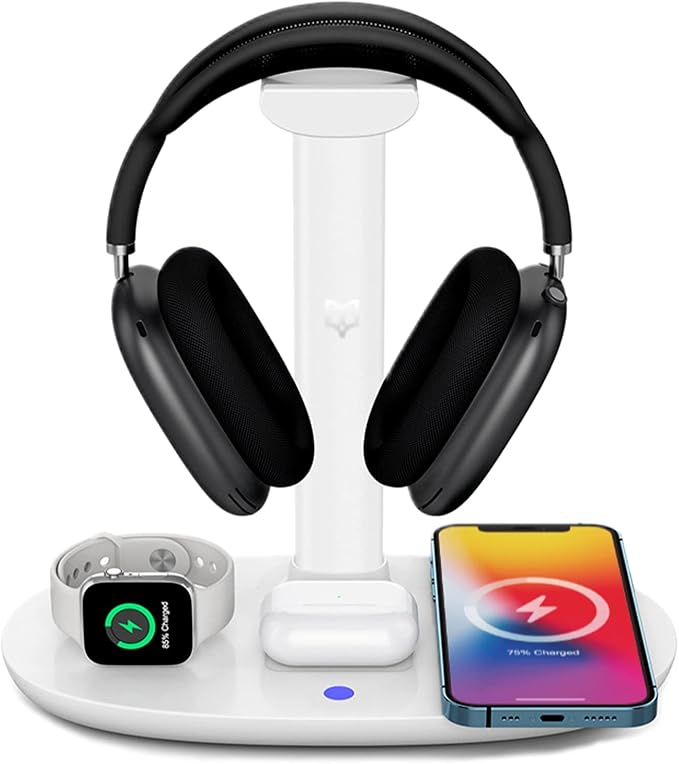 4 in 1 Wireless Charger with Headphone Stand for iPhone 17 16 15 14 13 12 Pro Max, Apple Watch 11 10 Ultra SE, AirPods Max 4 & Samsung S25-15W Gaming Desk Organizer (Adapter Not Included)(White)