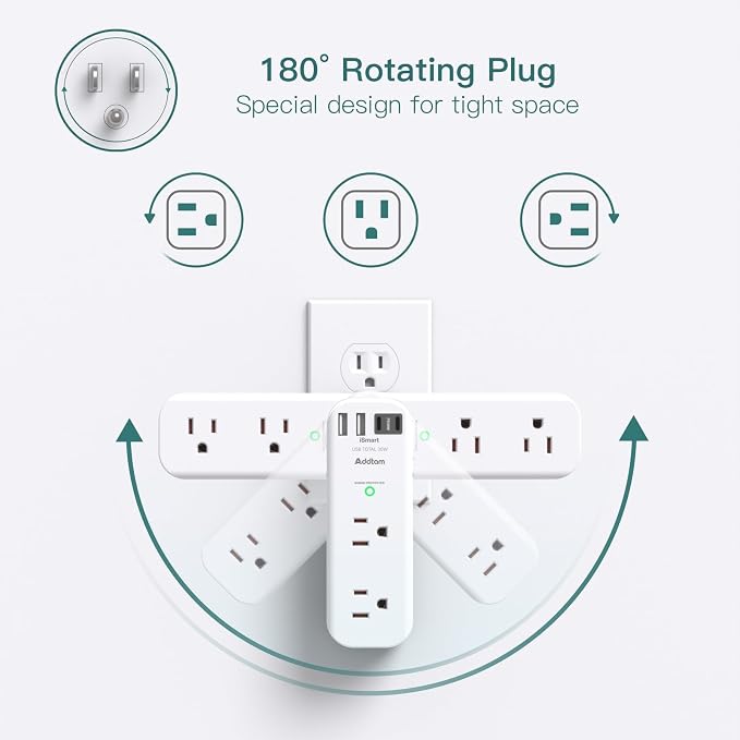 Addtam 30W USB C Outlet Extender Surge Protector, Rotating Plug, 6 AC Outlets Splitter, 4 USB Ports (2 USB-C), 1800J Wall Mount Power Strip, 3-Side Multi Plug for Dorm, Travel Essentials