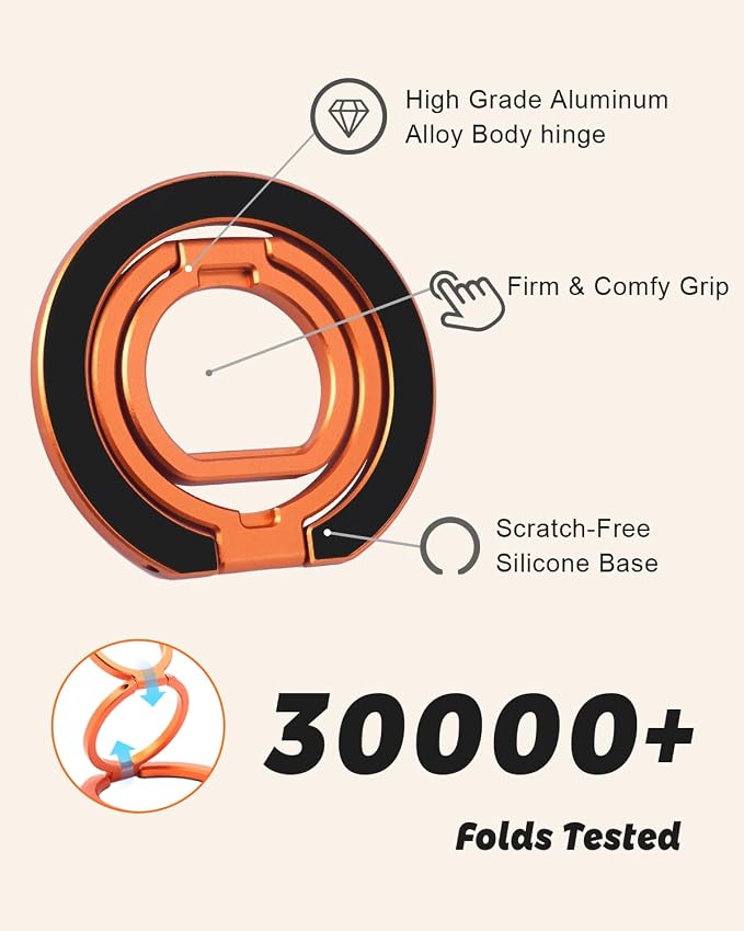 Phone Ring Holder for MagSafe,360°Rotation Magnetic Phone Grip Ultra-Thin & Lightweight Kickstand for iPhone 17/16/15/14/13/12 Series Orange
