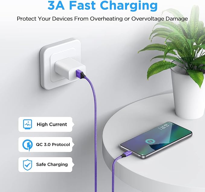 etguuds USB to USB C Cable 3.3ft, 2-Pack USB A to Type C Charger Cord Fast Charging for Samsung Galaxy A17 A16 A15 A26 A36 A56, S25 S24 S23 S22 S21 S20 S10 Note 20, for iPhone 17 16 15, Moto, Purple