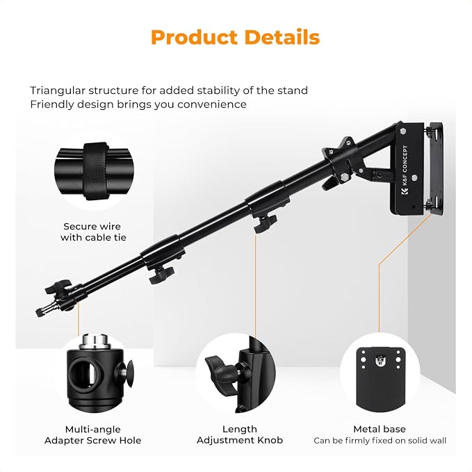 K&F CONCEPT Wall Mount Boom Arm 39.4"- Rotating Triangle Stand for Ring Light, Softbox, Reflector - Support 180°Flexible Rotation, 20-39in Adjustable Length, 20lbs Heavy Duty with 1/4''&3/8'' Mount