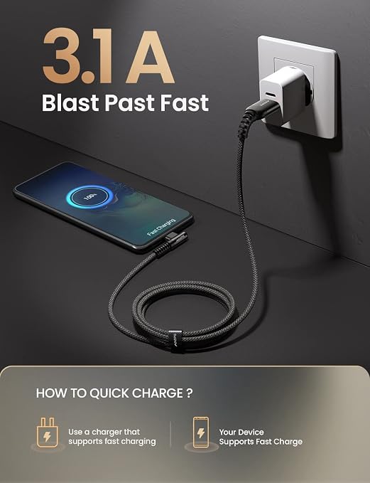 AINOPE [2 Pack 1.6FT Type C Cable, 3.1A Type C Charger Fast Charging, Right Angle Nylon Braided USB to USB C Cable Compatible with Galaxy S22 S21 S10, Note 10 9 A51 LG G8 G7 Charging Cord