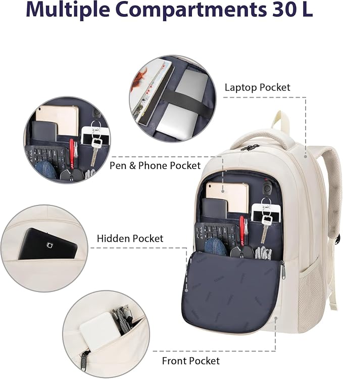 MATEIN Laptop Backpack Women Large Capacity, TSA Travel Backpack with Luggage Strap & Anti Theft Pocket, Water Resistant Teacher College Bookbag Fits 17 Inch Computer, Stylish Beige Work Daypack