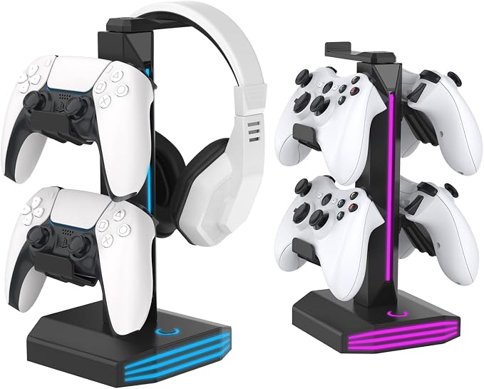 FINTIE RGB Headphone Stand, Gaming Controller Holder for Desk with 9 Lighting Modes, USB/Type-C Charging Ports, Headset Stand Earphone Hanger Accessories for Desktop