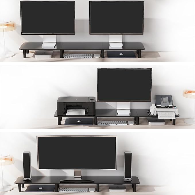 43.7" Extra Long Dual Monitor Stand Riser, Wood & Steel Monitor Stand for 2 Monitors, Wide TV Stand, Desktop Riser for Desk Organization, Home Office，Laptop,Printer,TV (Black)