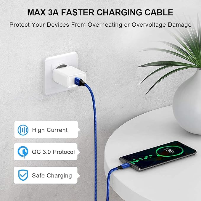 etguuds USB to USB C Cable 2ft, 2-Pack USB A to Type C Charger Cord Fast Charging for Samsung Galaxy A17 A16 A15 A26 A36 A56, S25 S24 S23 S22 S21 S20 S10 Note 20, for iPhone 17 16 15, Moto, Blue