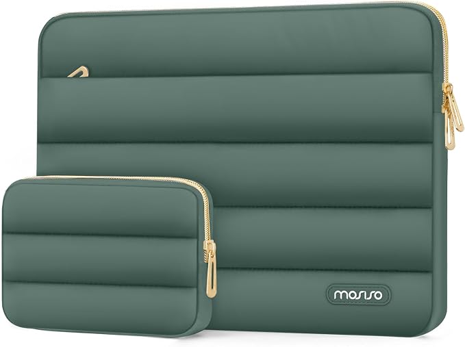 MOSISO Laptop Case 16 inch, 15-15.6 inch Puffy Laptop Sleeve Compatible with MacBook Pro 16 M5 M4 M3 M2 M1, HP Dell ASUS Acer Toshiba Lenovo, Polyester Horizontal Bag with Small Case, Emerald Green