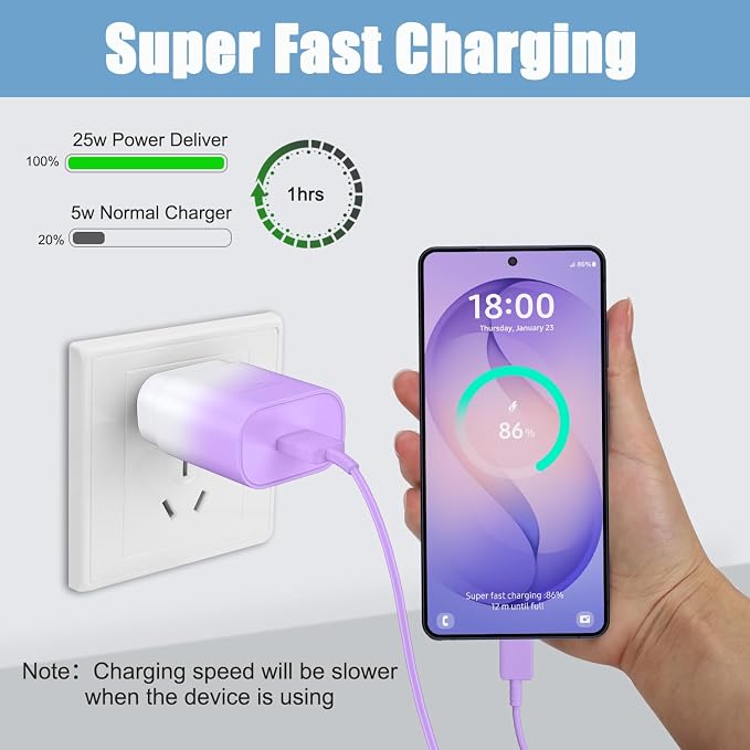 25W Super Fast Charging Cord Type C Block &10Ft USB C Android Phone Charger Cable for Samsung Galaxy S26 Ultra/S26/S26+/S25 Ultra/S25/24 Ultra/S24/S23 Ultra/S22 Ultra//Note 20/10,Purple Gradient