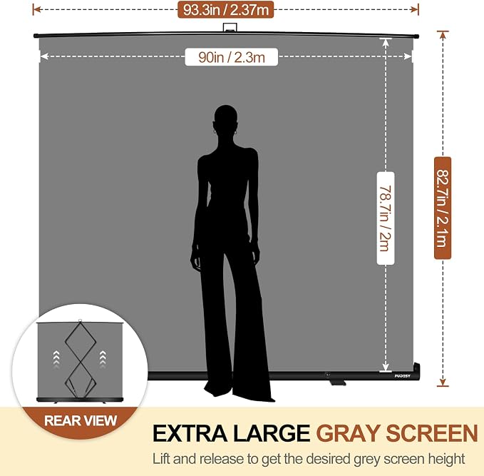 FUDESY 78.7 x 90in Large Collapsible Grey Backdrop Screen, Portable Retractable Pull Up Panel Wrinkle-Resistant Photo Background for Streaming, Video Conference, Photographic Studio