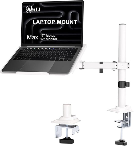 WALI Laptop Desk Mount for 17 inch Notebook, Adjustable Single Monitor Arm with Laptop Holder for 32 inch Screen, Laptops Stand with Ventilated Tray, Up to 22 lbs, (M00LP-W), White