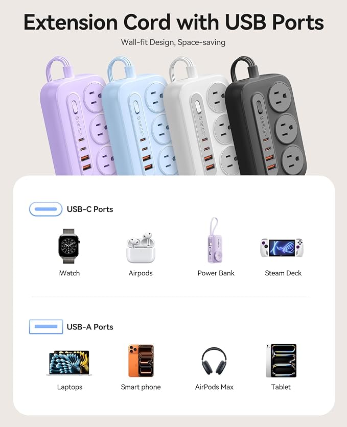 ORICO Surge Protector Power Strip, PD20W Multiple Outlets Extension Cord with 6 AC Outlets and 4 USB Charging Ports (2 USB-C), 45° Flat Plug, 5 Ft Mountable Outlet Extender for Home/Office/Dorm - OG