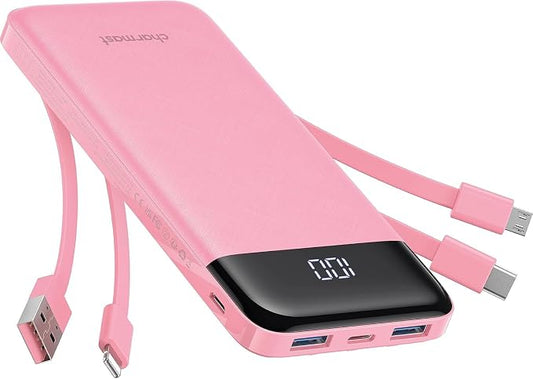 charmast Portable Charger with Built in Cables, Power Bank with Cords Wires, Slim 10000mAh Travel Battery Pack 6 Outputs 3 Inputs 3A Fast Charging for Samsung Google Pixel LG Moto iPhone iPad