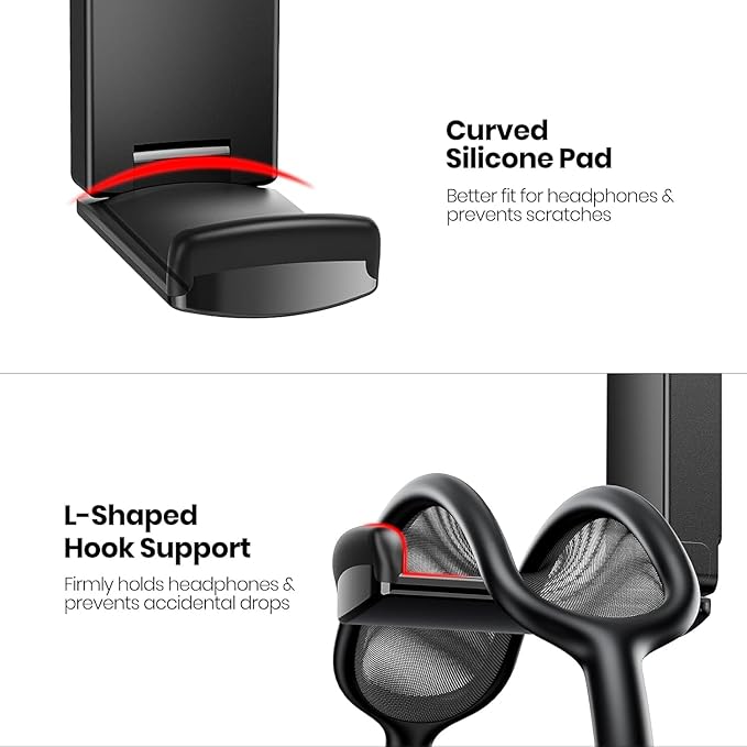 Sticky Headphone Stand Controller Holder - EURPMASK 2 Pack Upgraded Adhesive Headset Hook, Headphone Holder for Desk with Soft Rubber Pads, Gaming Accessory Controller Headset Stand, Midnight Black