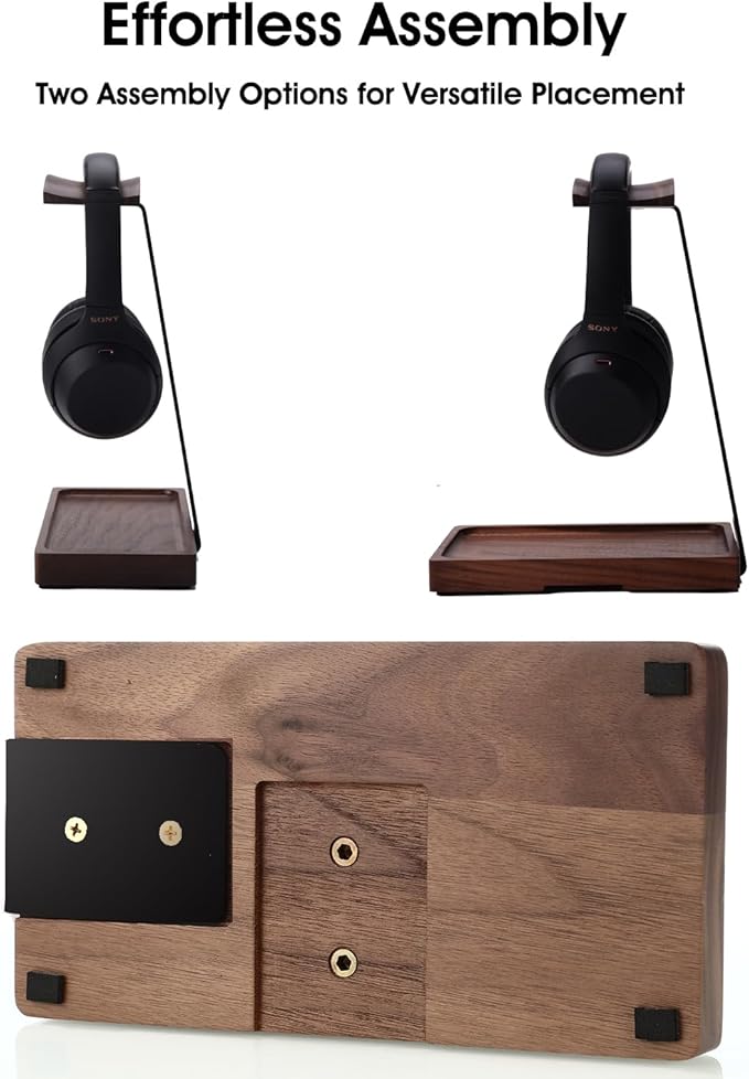 Walnut Headphone Stand, Wooden Headset Stand for Desk, Wood Gaming Headphone Holder with Storage Base for Airpod max, Bose, Razer, Sennheiser, Jabra, JBL, AKG, Vintage Gift for Men, Black