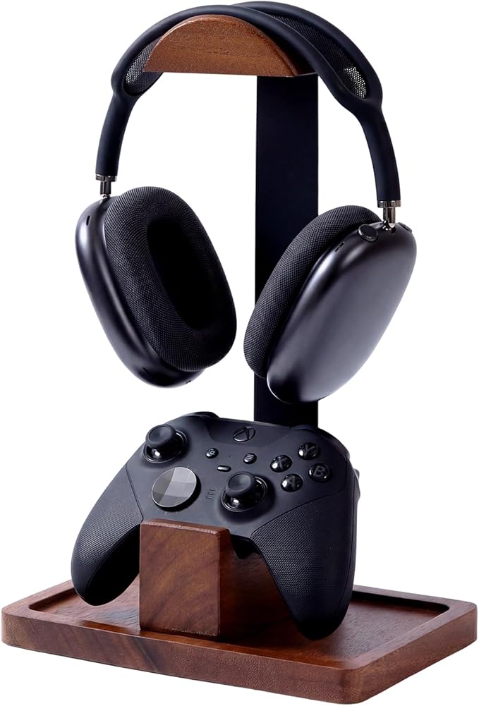 Headset Stand with Gaming Controller Holder, Walnut Wood Headphone Stand with Storage Base, Gaming Equipment Accessories for Desk Fits Xbox PS5 PS4 PC Gaming