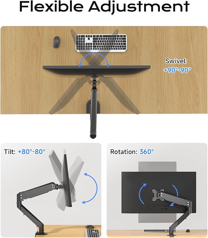 Pholiten Single Monitor Mount, Fully Adjustable Gas Spring Single Monitor Arm for up to 35 inch Screens, Computer Monitor Stand for Desk Holds up to 24lb, VESA 75/100mm, Black