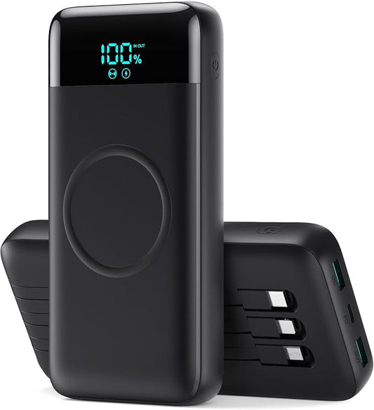 Wireless Portable Charger 40800mAh with 3 Built-in Cables,7-in-1 15W Wireless Charging Power Bank,25W PD QC 4.0 Fast Charging USB C Travel Essentials Battery Pack for iPhone 17/16/15/14,Galaxy,Android