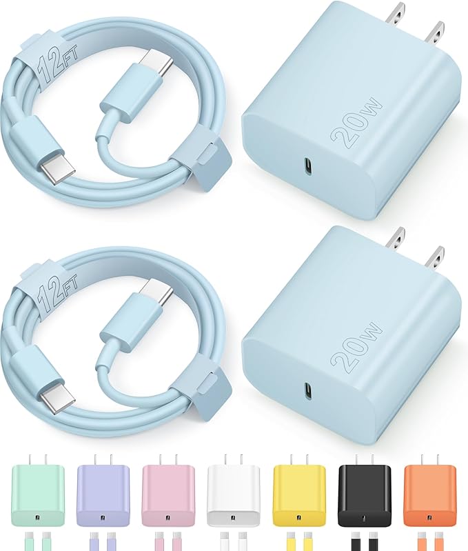 12FT iPhone 17 16 15 Charger Fast Charging USB C Charger Block Type C Chagrer Fast Charging 2-Pack for iPhone 17/17 Plus/17 Pro/17 Pro Max/iPhone 16/16 Plus/16 Pro/16 Pro Max/15 Pro Max/Samsung(Blue
