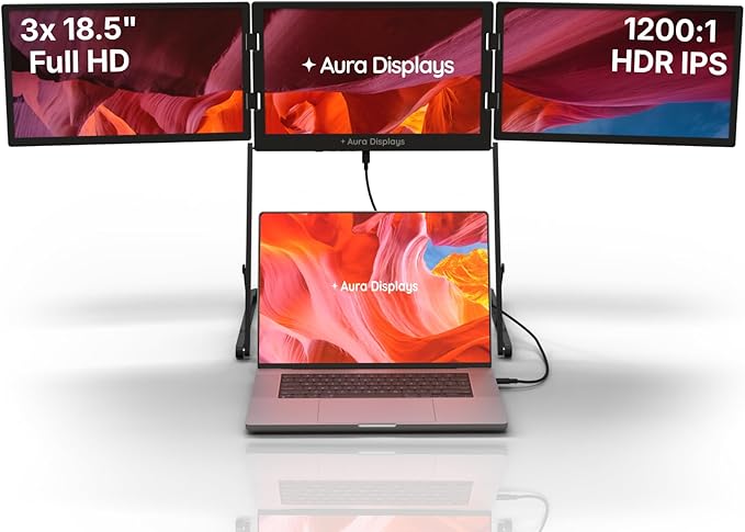 Triple Aero Pro Max 18.5" | Premium Triple Portable Monitor Extender | Full Aluminum | Quad Screens | 3×18.5” FHD 1080P HDR IPS | USB-C & HDMI | Compatible with 11-18” (3X 18.5 Full HD)