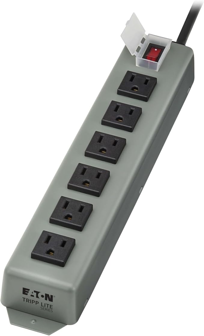 Eaton Tripp Lite Series 6-Outlet Heavy Duty Power Strip, Metal, Mountable (Wall Mount & Under Desk), 6ft Extension Cord, On/Off Switch Cover, Industrial Garage Shop Work Bench Applications (6SP)