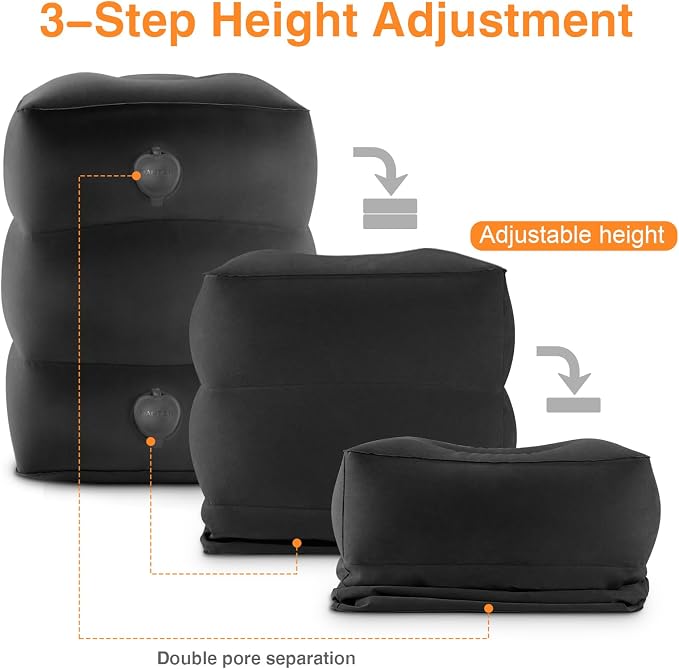 Maliton Inflatable Foot Rest Pillow for Travel,Kids Airplane Bed,Adjustable 3 Layers Height Leg Pillow of Air Travel Essentials,Car, Office, Home - Fast Inflation (Black)
