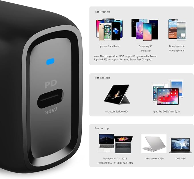 Amazon Basics 30W One-Port Foldable GaN USB-C Wall Charger with Power Delivery PD for Tablets & Phones (iPhone 16/15/14/13/12/11/X, iPad, Samsung, and More), Compact Travel Charger, Non-PPS, Black