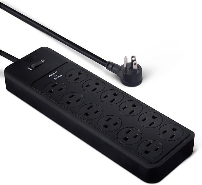 Amazon Basics 12-Outlet Surge Protector Power Strip, 4000 Joules, 8ft Extension Cord, Rectangle, for Home, Office, Gaming Room, Black