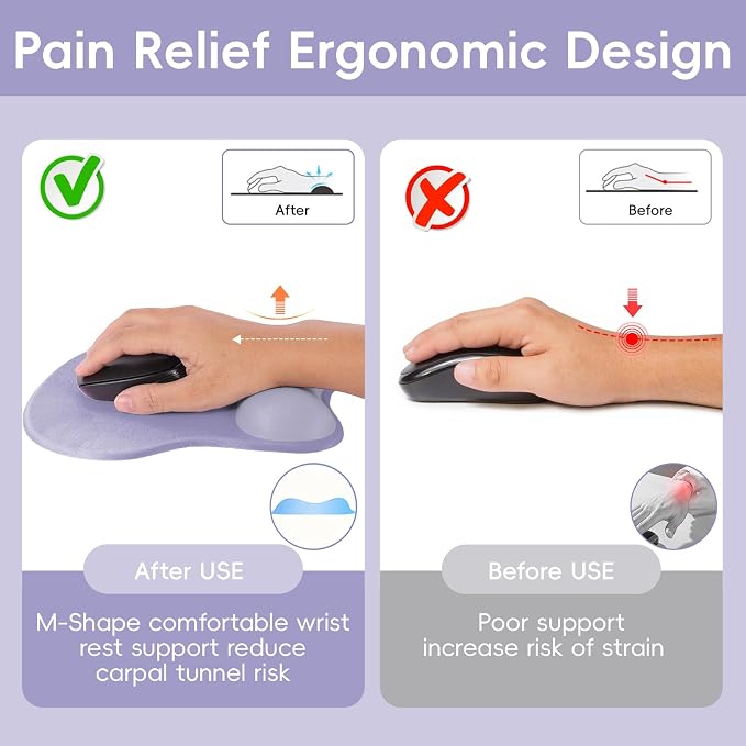 Ergonomic Mouse Pad,Non Slip Mousepad Wrist Rest Support for Office, Computer, Laptop & Mac(A-Grey Purple)