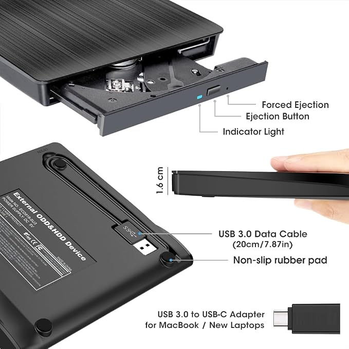 ROOFULL External CD DVD Drive for Laptop, USB 3.0 Type-C Portable CD Burner DVD Player Optical Disc Reader Writer for Windows 11/10 Computer Mac MacBook Linux PC with Protective Carrying Case