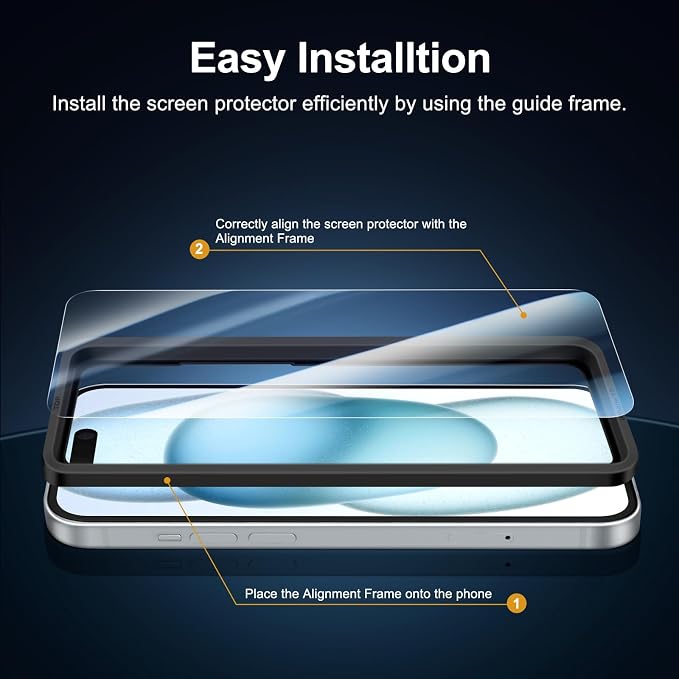 NEW'C 3x for iPhone 15 Screen Protector (6.1 inches)+ 3x Camera Lens Protector, Sensor Protection, Case Friendly Tempered Glass Film + Dust Plug- Easy installation tool include
