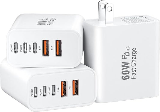 USB C Fast Wall Charger Block, 3Pack 60W USBC Charging Cubes, 5-Port PD+QC Power Adapter Multiport Brick Type C Box Plug for Phone 17/16/15/14/13/12/11/Pro Max/Plus, Pad Mini/Pro/S25/S24-White