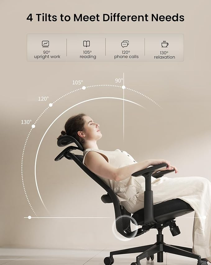 ProtoArc EC200 Ergonomic Office Chair – High-Back Mesh Computer Chair with Lumbar Support, Adjustable Seat Depth & 3D Headrest Ergo Desk Chairs for Work from Home, 8+ Hours Comfort – Black