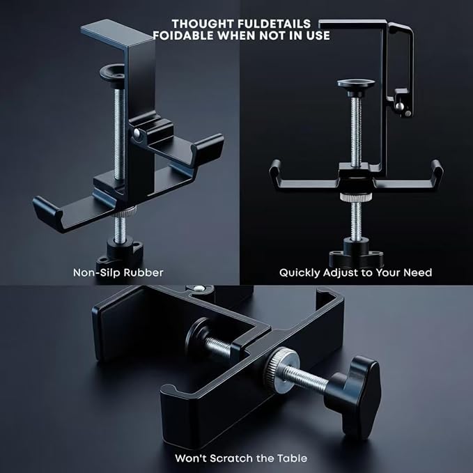 JAKO Headphone Stand for Desk, 3 Hooks Aluminum Alloy Headphone Holder (1 Foldable+2 Fixed) Space Saving Headset Stand Hook, Universal Fit PC Gaming Headsets Holder Desk Clamp for Office/Game Table