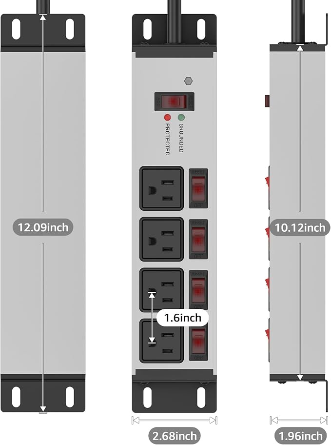 CCCEI Heavy Duty Surge Protector Power Strip 20 Amp Individual Switches. 20FT 12 Gauge Extension Cord with Multiple Outlets. Kitchen, Garage, Shop, Industrial Wall Mount Electric Extender, Grey.