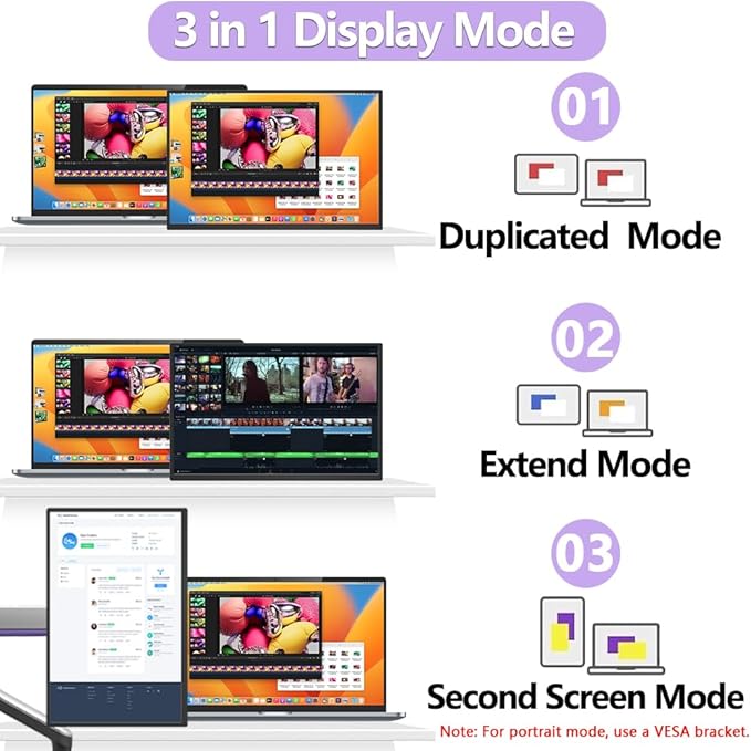16" Portable Monitor 1200P 16:10 IPS Laptop Screen Extender, USB-C HDMI External Second Monitor with HDR, Built-in Stand & Speakers,VESA Compatible Portable Monitor for Laptop PC Mac Phone Xbox PS5