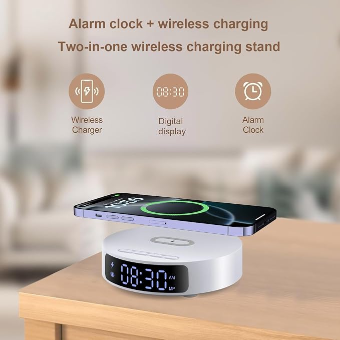 Fast Wireless Charger with Alarm Clock,20W Max Wireless Charging Pad Compatible with iPhone 17/17 Pro/16/15/14/13/12/SE;Wireless Charge Mat for Samsung Galaxy S25/S24/Note,Pixel/LG (White pad)