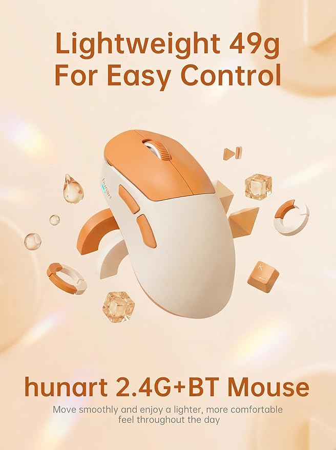 hunart H6 49g Wireless Mouse, Bluetooth & 2.4GHz Rechargeable Mouse, Lightweight Silent Ergonomic Mouse with USB-C Charging, Portable Right-Hand Office Mouse for Laptop, PC, MacBook, Office(Orange)