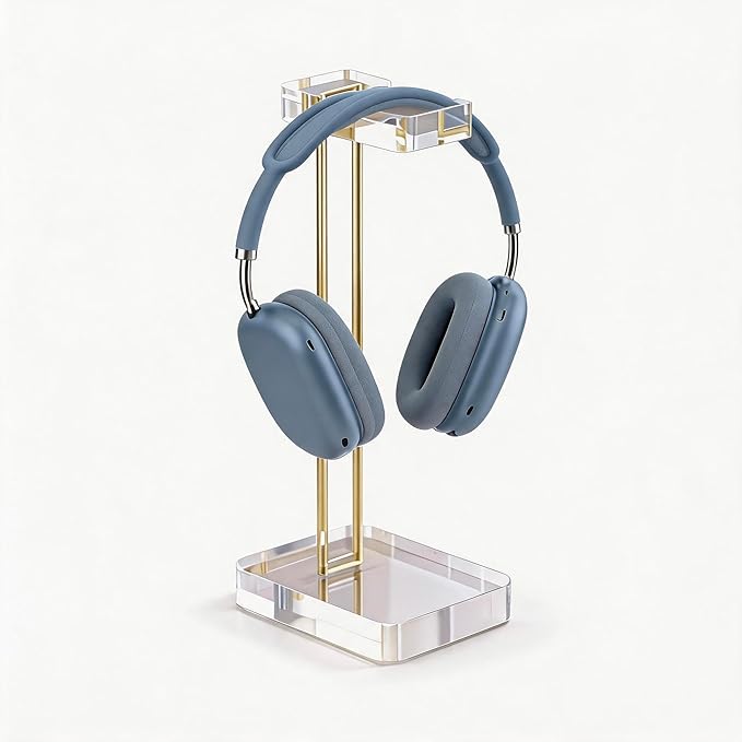 Acrylic Headphone Stand for Desk, Crystal Clear Headset Holder with Gold Metal Accent, Stable Non-Slip Base, Universal Gaming Headphone Hanger for PC Setup, Office & Home Desk Accessories