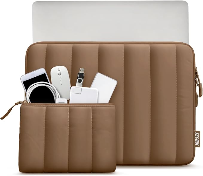 TECCOL Puffy Laptop Case 15.6 inch,15.6 inch Laptop Sleeve for 15-15.6" Lenovo Thinkpad Ideapad HP Acer Asus Dell Chromebook,Protective Waterproof Sleeve 15 inch Notebook Bag with Small Case,Brown