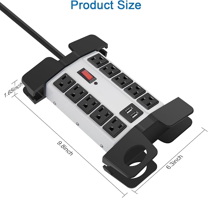 CCCEI Heavy Duty Power Strip with USB Ports, Garage 10 Outlets Surge Protector 2700 Joules, Industrial Workshop Metal 15Amp Multiple Outlets, 15 FT Extension Cord and Wide Spaced Grey.