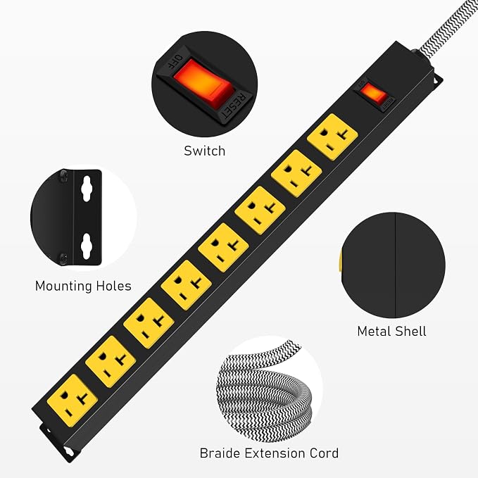 20 Amp Heavy Duty Power Strip, 8 Outlets 12AWG Extension Cord 6-20/T- Slot Plug 1200J Surge Protector with Switch, Wall Mount Metal Outlet for Industrial Shop Workbench Garage (5-15 Plug, 3 FT)