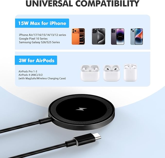3-Pack 15W Magnetic Wireless Charger: Qi2 Fast Charging Pad for iPhone Air 17 16 15 14 13 12 Pro Max, Samsung Galaxy S26 S25, Google Pixel 10, AirPods-Slim Portable for Desk Bedside Travel-Black