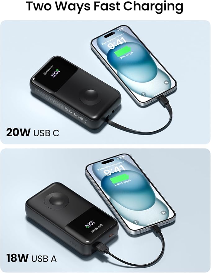 NEWDERY 5-in-1 Portable Charger 20000mAh Power Bank for Apple Watch/iPhone, PD 20W Fast Charging with LED Display, Built-in 2 Cables, Travel Battery Pack Compatible with iWatch, iPad, Samsung