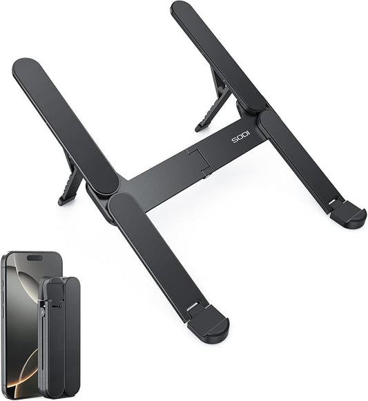 SODI Ultra Compact Foldable Laptop Stand - Portable Laptop Holder for Desk & Travel Use, Ergonomic Aluminum Computer Holder with Adjustable Height for MacBook, Tablet 10-16" (Dark Black, Bi-Fold)