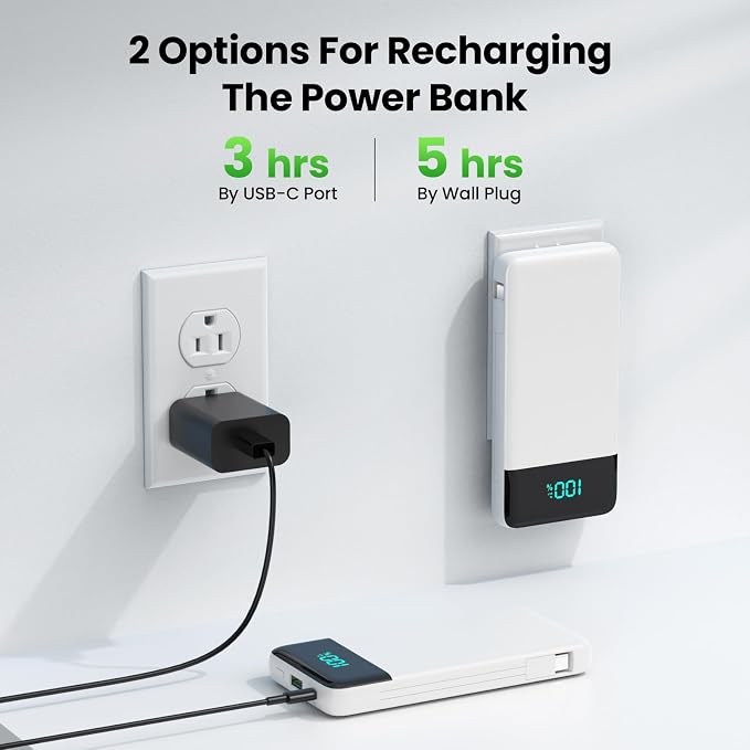 Portable Charger with Built-in AC Plug and Cables,13800mAh All in One USB C Fast Charging Power Bank,Travel Essentials Portable Phone Charger Battery Pack for iPhone 17/16/15/14,Galaxy,Android-White