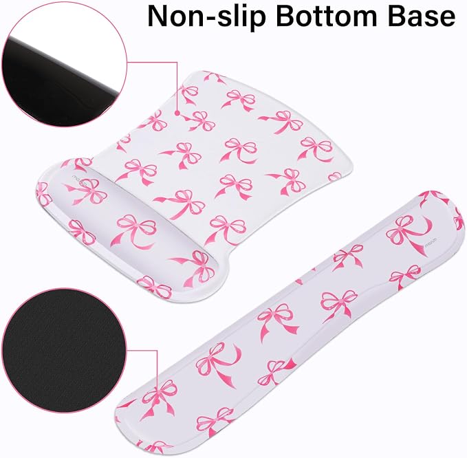 MOSISO Wrist Rest Support for Mouse Pad&Keyboard Set, Pink Bows Ergonomic Mousepad&Coaster Non-Slip Base Home/Office Pain Relief&Easy Typing Cushion with Neoprene Cloth&Raised Memory Foam, White