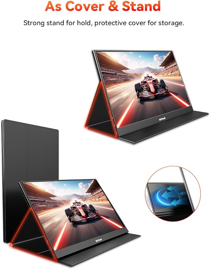 HotYeah Portable Travel Monitor, 16.1'' 144Hz 1080P FHD Portable Monitor, 106% sRGB HDR Display USB-C HDMI External Screen w/Smart Cover, 2nd Screen for Laptop, PC, Mac, Switch, PS5/4, Xbox