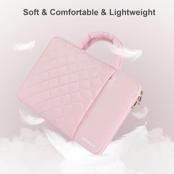 Laptop Case 13.3 inch,13-13.3 inch Puffy Laptop Sleeve Bag Compatible with MacBook Neo 13/Air 13 13.6/Pro 13/Pro 14,Square Quilted Bag with Vertical&Back Horizontal Pockets&Handle&Belt, Pink
